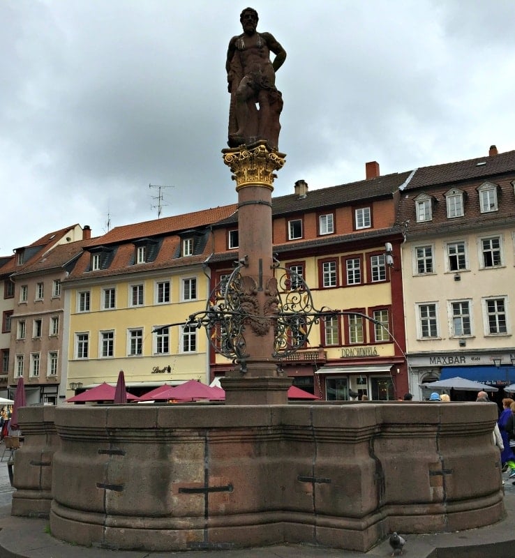 A Hercules fountain in the center of the Marktplatz in Old Heidelberg 