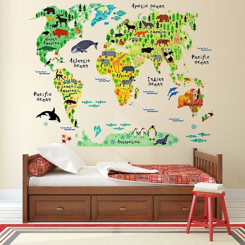 Encourage travel dreams with this peel & stick animal world map by Eveshine