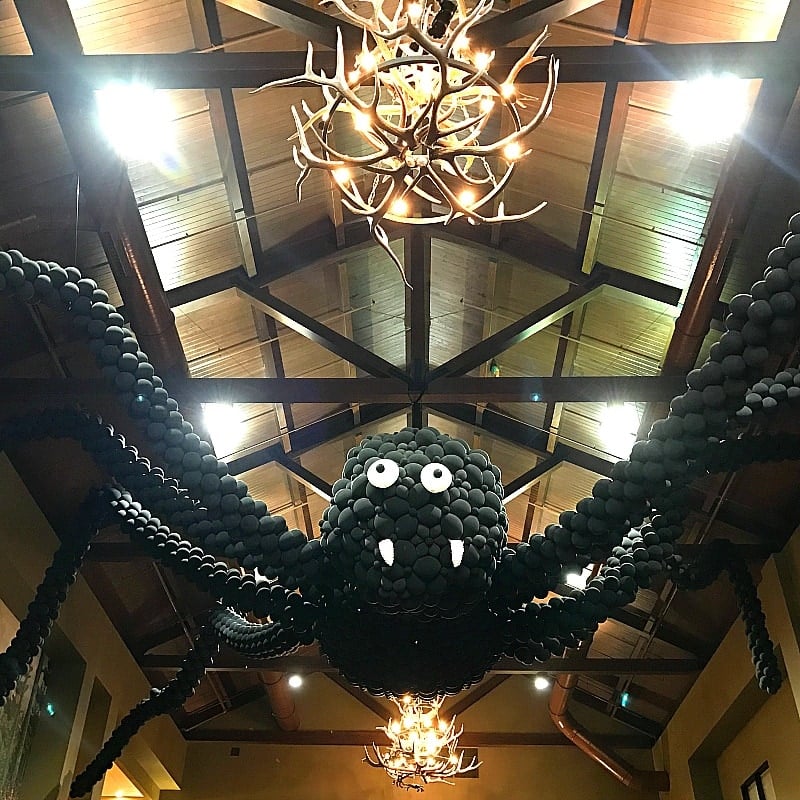 A giant balloon spider greets guests at Great Wolf Lodge Southern California during Howl-O-Ween 
