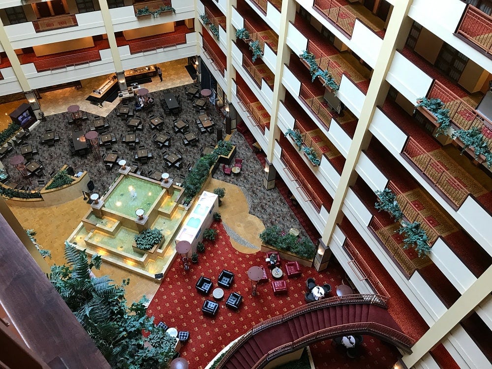 The hotel brand's signature courtyard and atrium at Embassy Suites Huntsville 