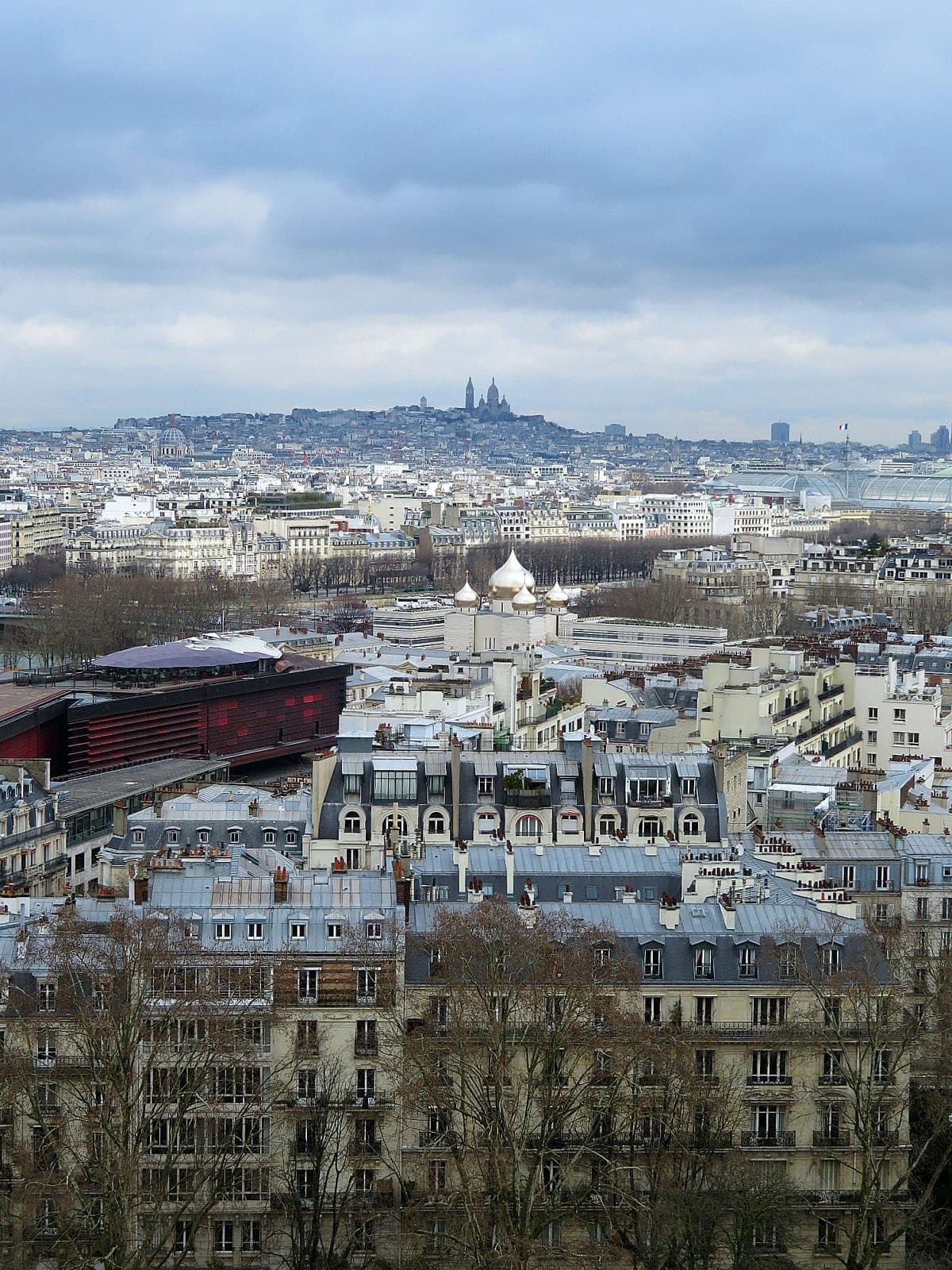 View of Paris, including Montmartre, from the second level of the Eiffel Tower in Paris with kids