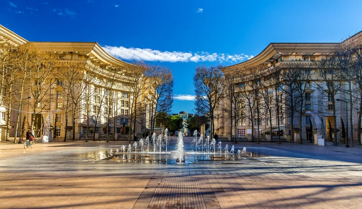 fountain in the modern Antigone district in Montpellier, France