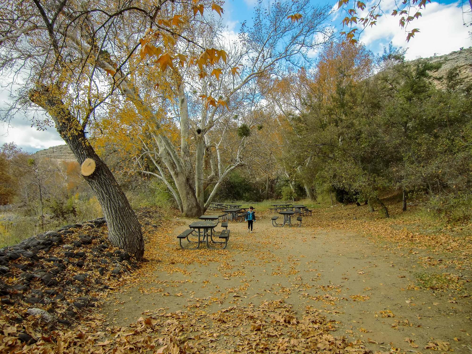 Picnic tables at Montezuma Castle National Monument with kids