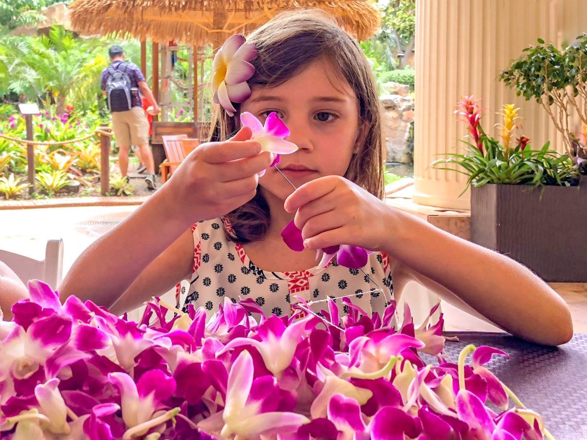 Lei-making class in Maui with kids