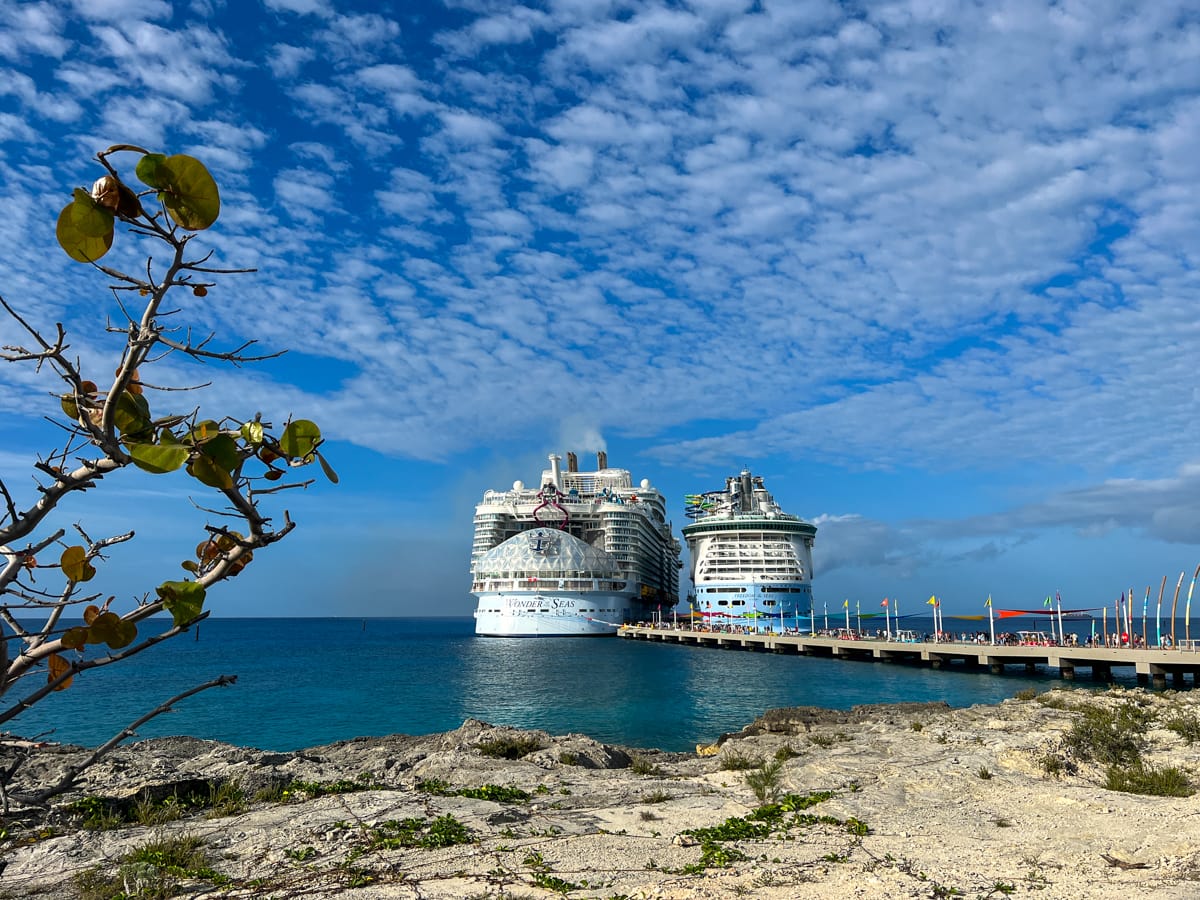 Wonder of the Seas docked beside sister ship, Freedom of the Seas, at Royal Caribbean's private island, CocoCay in The Bahamas