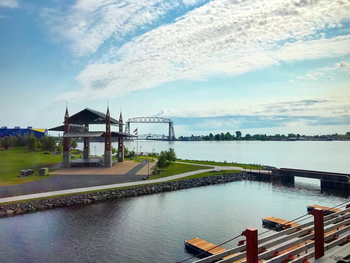 View of Bayfront Festival Park, Lake Superior, and the Aerial Lift Bridge from Pier B Resort in Duluth, Minnesota