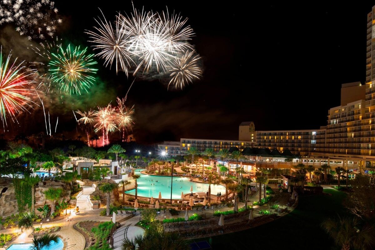 Fireworks viewed from Orlando World Center Marriott's waterpark 