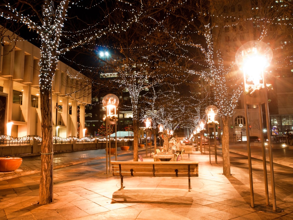Denver's 16th Street Mall lit up for a white Christmas