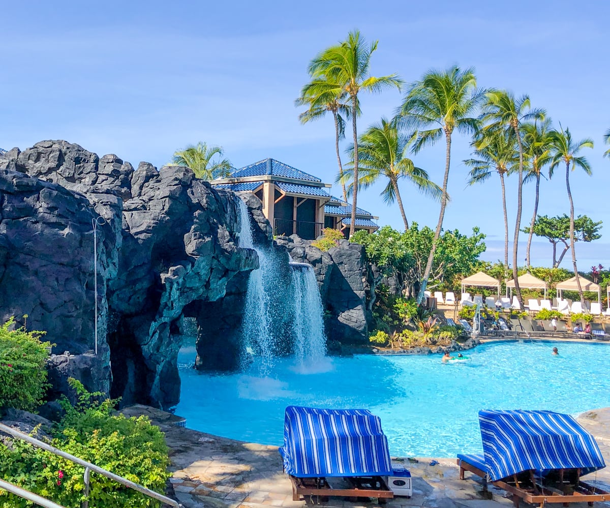 Great hotel pool for kids with waterfalls at Hilton Waikoloa Village