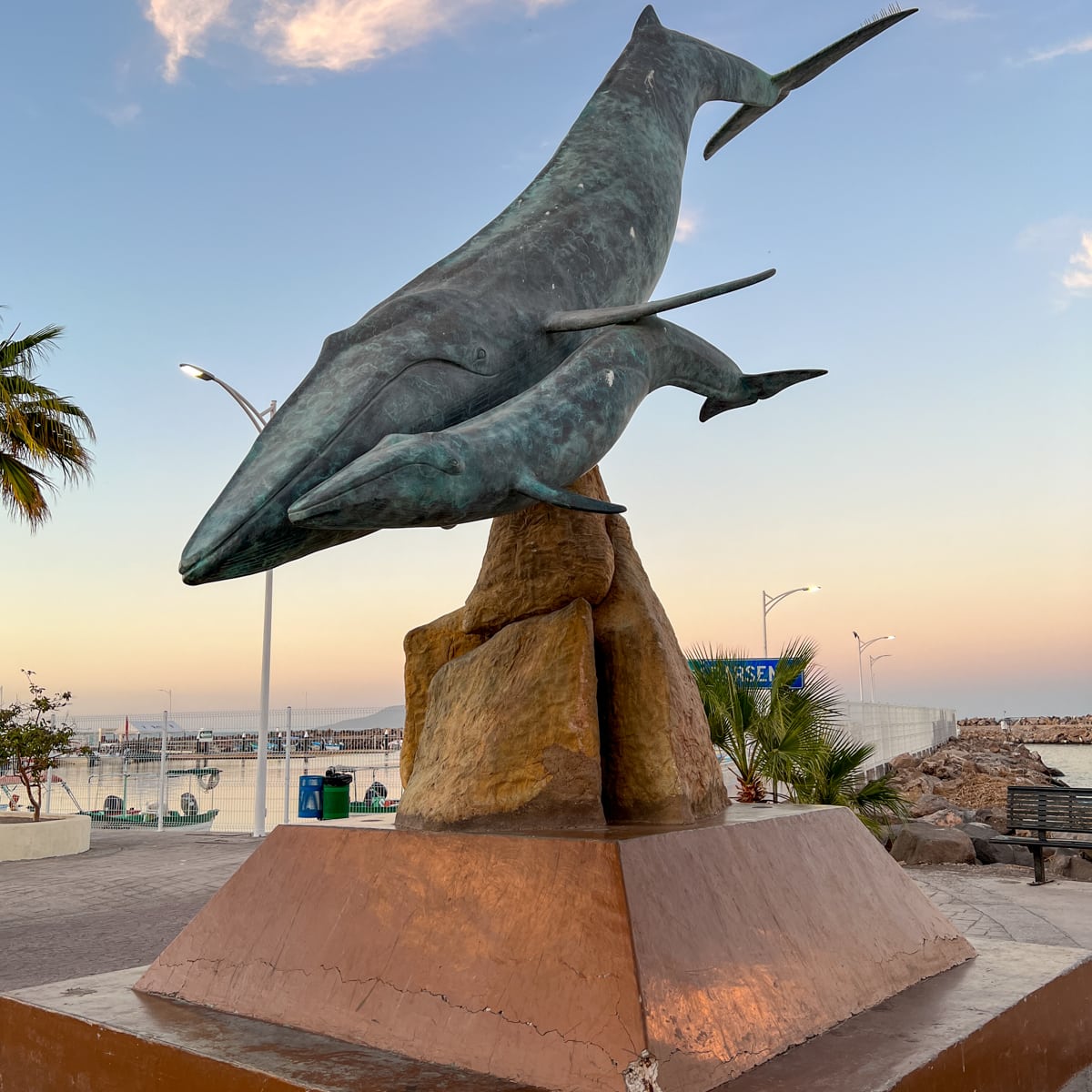 Loreto whale sculptures along the boardwalk 