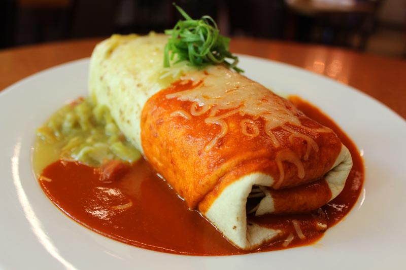 Breakfast Burrito smothered in green and red chile sauce at Slate Street Café in Albuquerque, NM