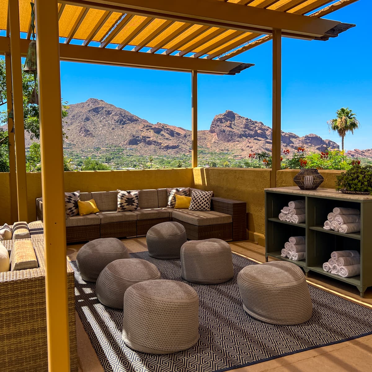View of Camelback Mountain from outdoor relaxation area at The Spa at JW Marriott Scottsdale Camelback Inn Resort