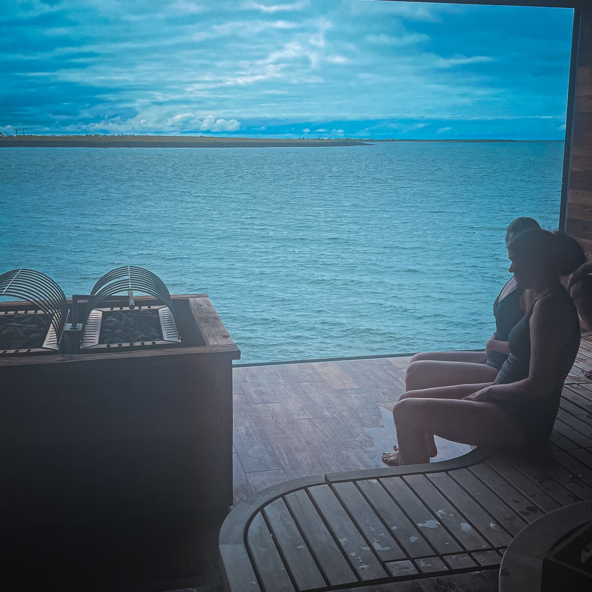 Sky Lagoon's sauna with a view of the Atlantic Ocean