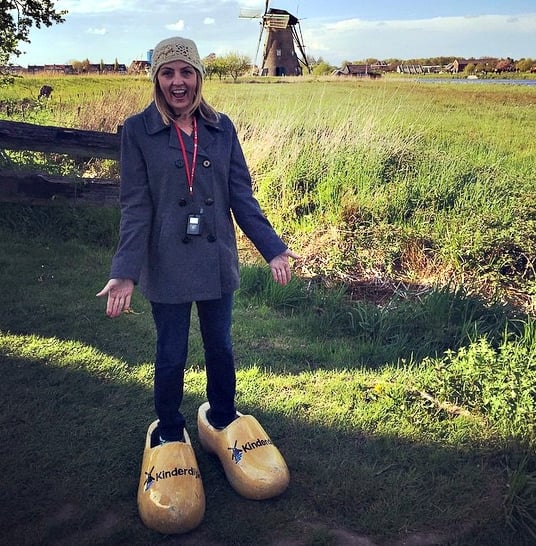 Wearing wooden shoes at Kinderdijk