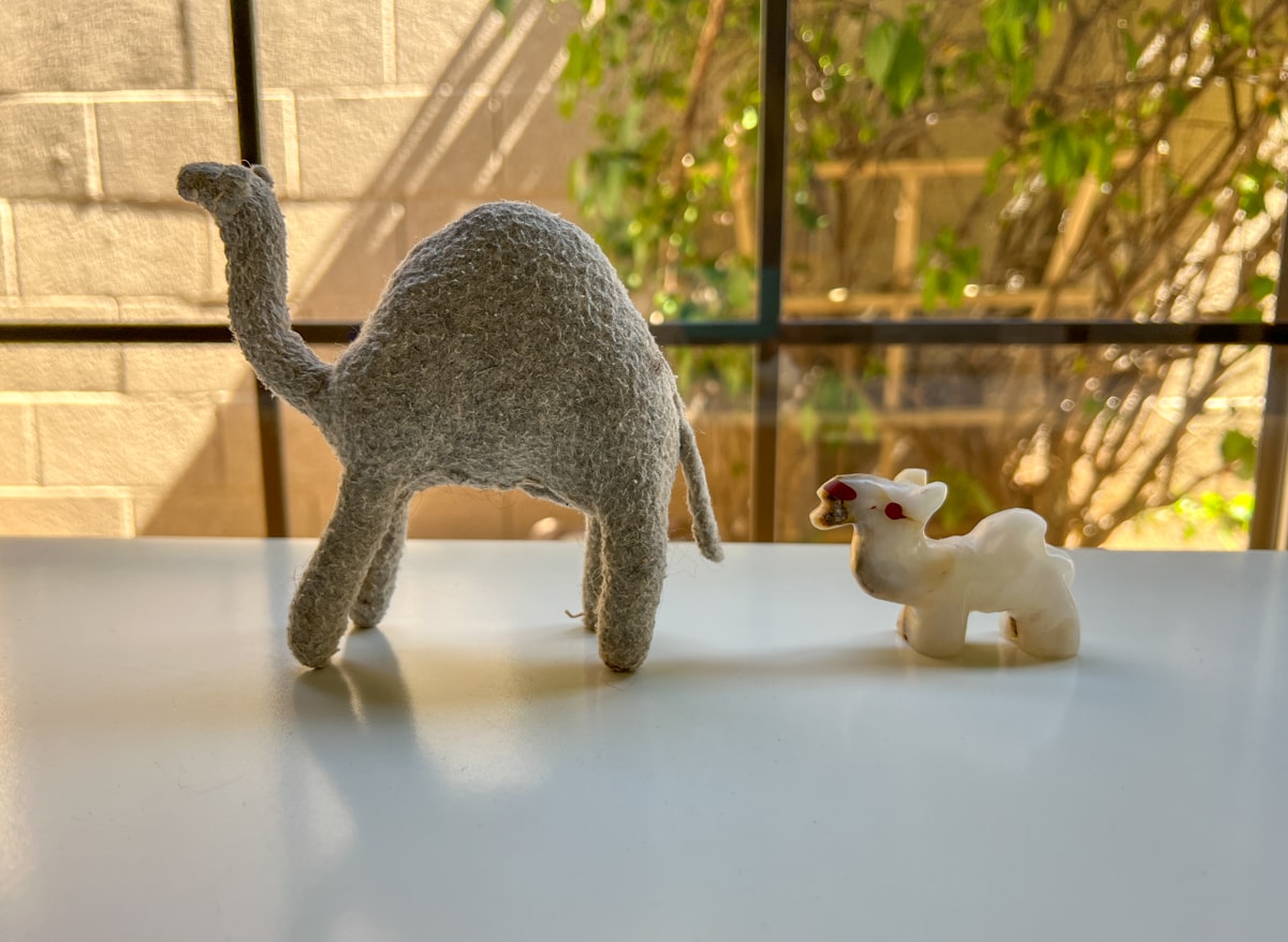 Our handmade camel souvenirs from Morocco on display at home