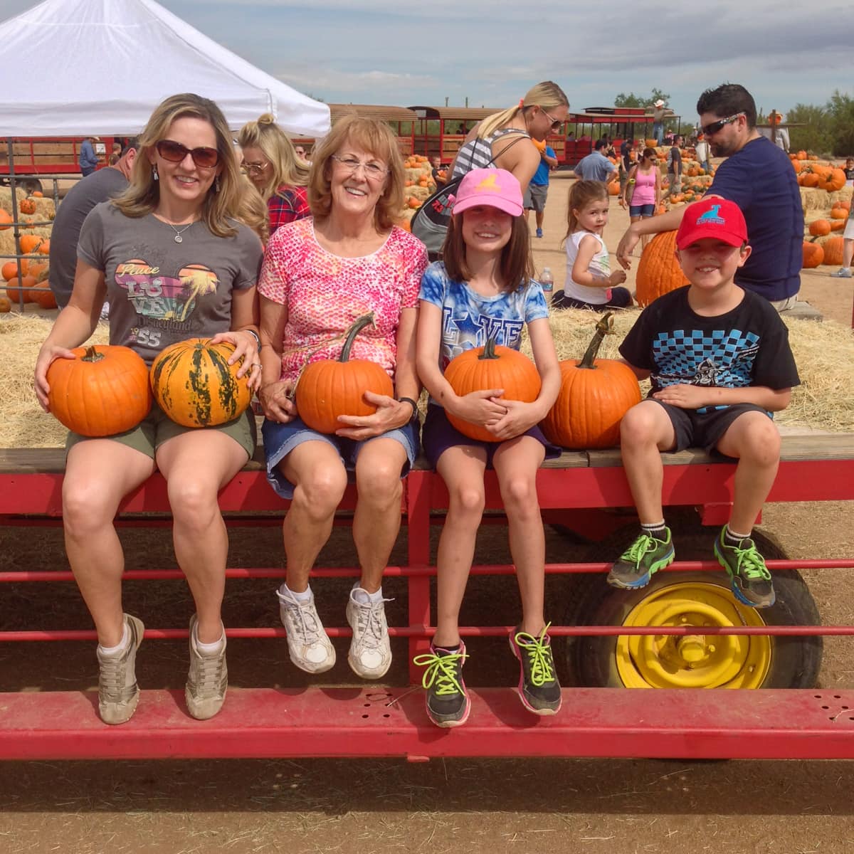 Family collecting pumpkins at MacDonald's Ranch in Scottsdale