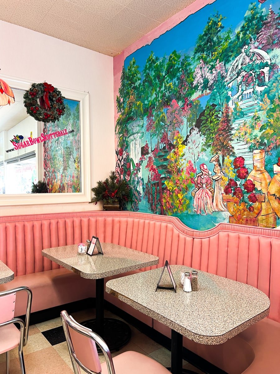 Pink interior at Sugar Bowl Ice Cream Parlor in Old Town Scottsdale