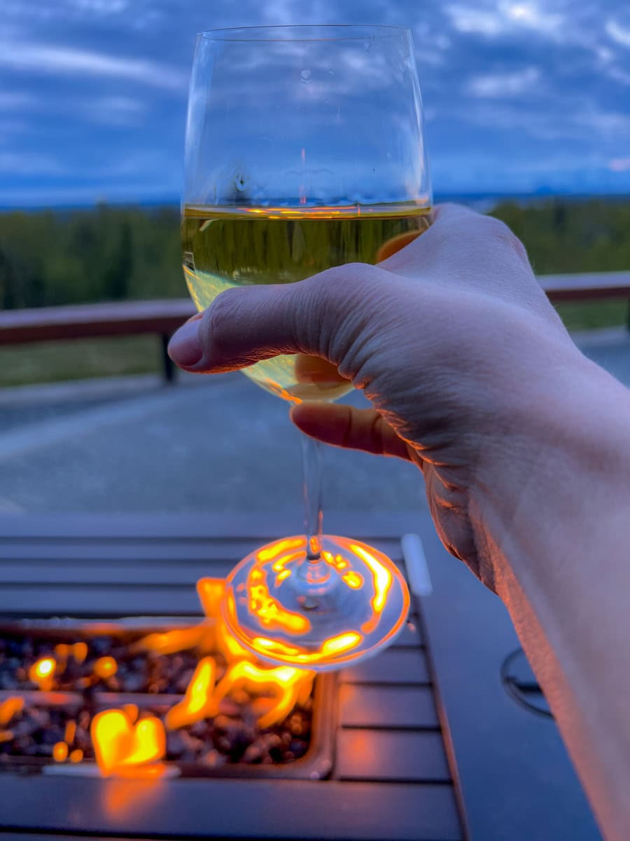 Fireside wine at Basecamp Bar at Talkeetna Alaskan Lodge