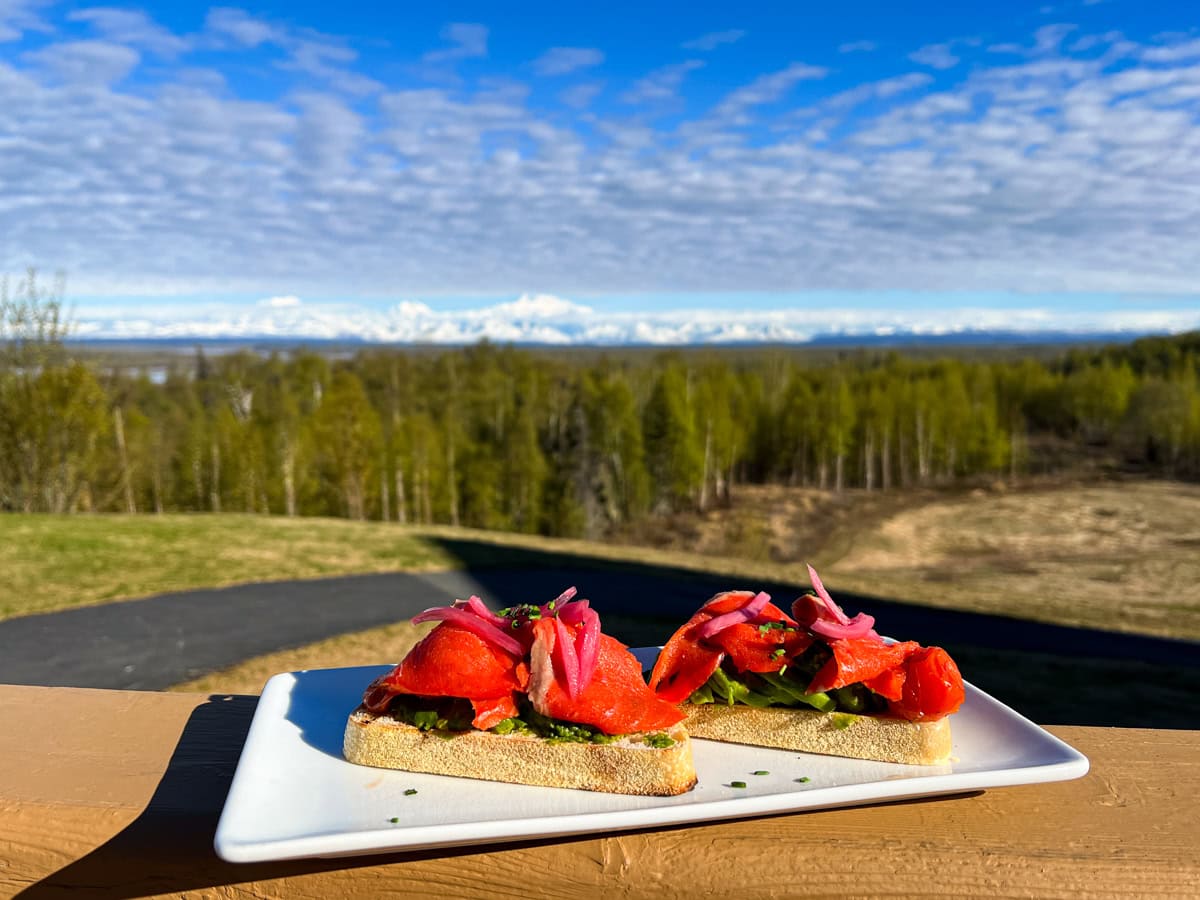 Alpenglow Sandwich for breakfast with a view at Talkeetna Alaskan Lodge 