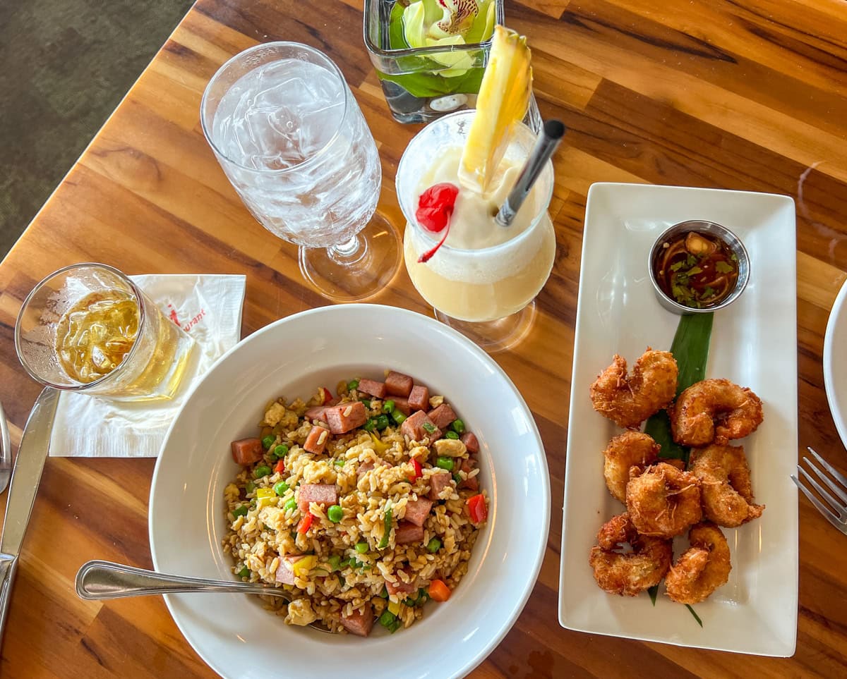 Fried rice with SPAM, Coconut Shrimp, and cocktails at Bali Hai Restaurant 