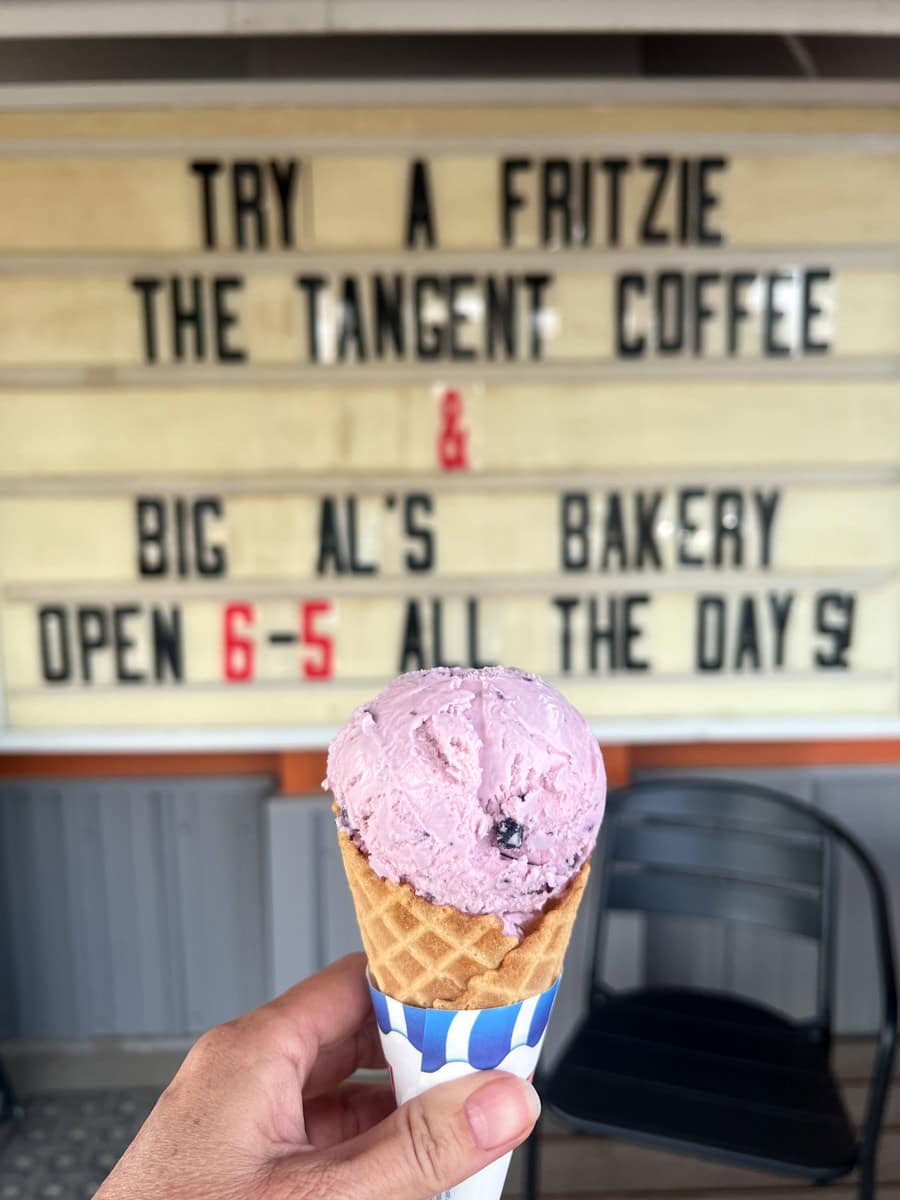 Huckleberry ice cream cone at The Tangent Coffee & Big Al's Bakery 