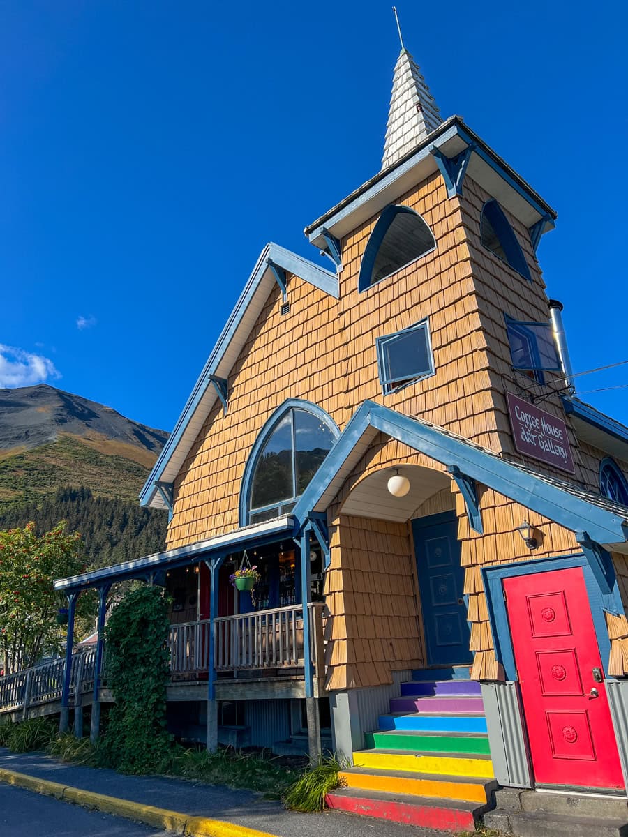 Rainbow stairs leading to the Resurrect Art Coffee Shop