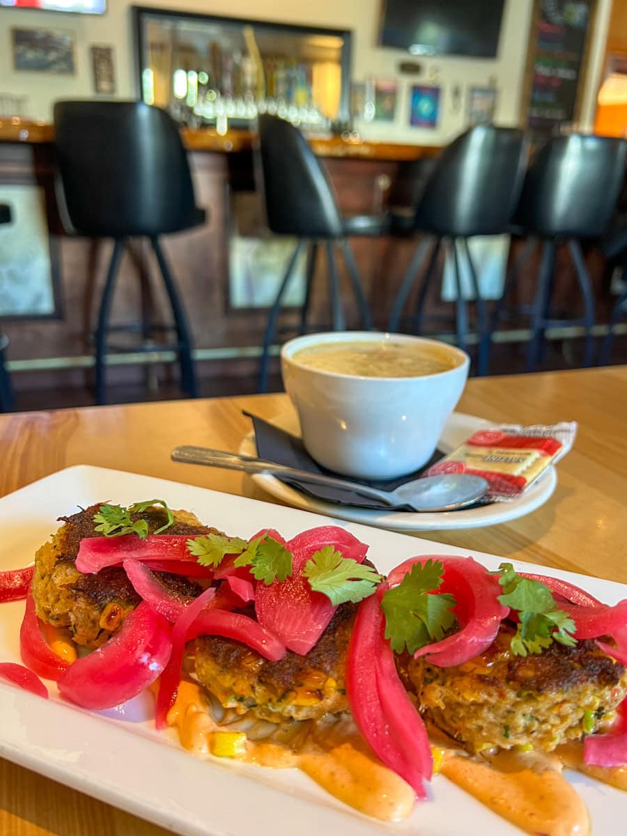 Clam chowder and crabcakes from The Highliner Restaurant in Seward